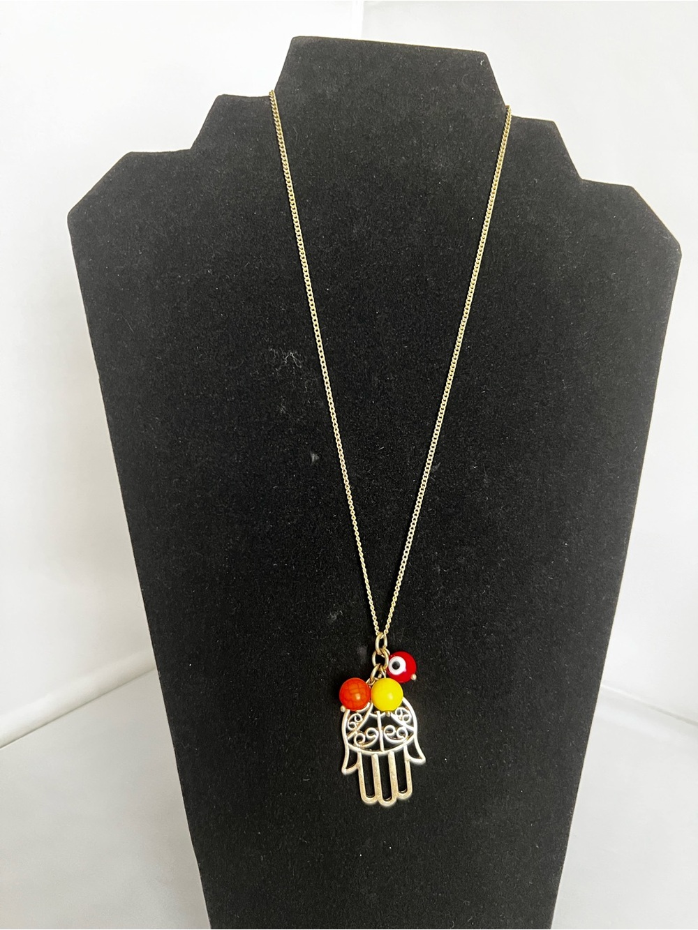 Gold Tone Hamsa Hand Evil Eye Beaded Pendant & Chain 18”